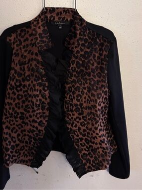 CHALOU Leopard-Print Ruffle Front Blazer in Brown and Black